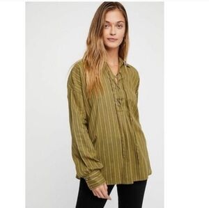 Free People Moss Color Striped Lace-Up Boardwalk Pullover Top Vacay Boho Size SM